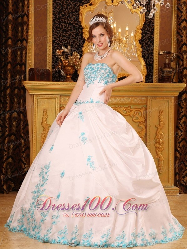 White Sky Blue Strapless Sweet 15 Dress Embroidery