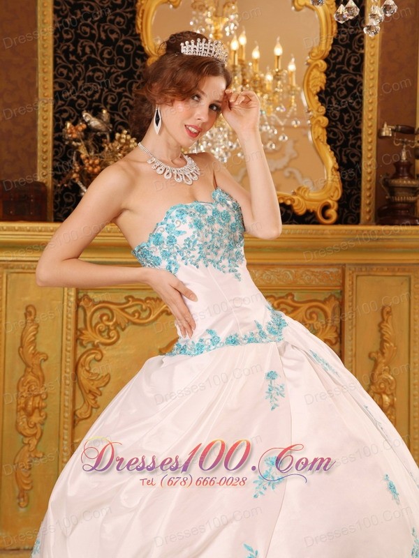 White Sky Blue Strapless Sweet 15 Dress Embroidery