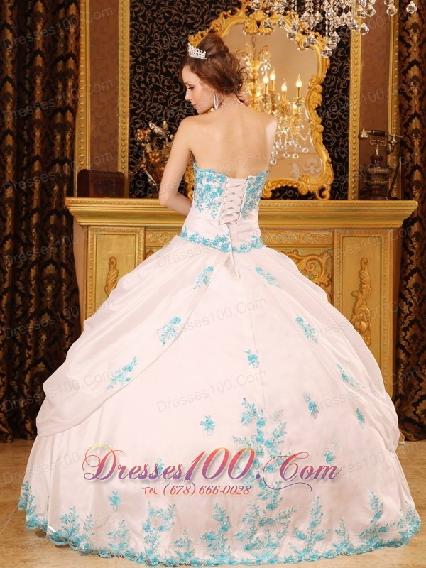 White Sky Blue Strapless Sweet 15 Dress Embroidery