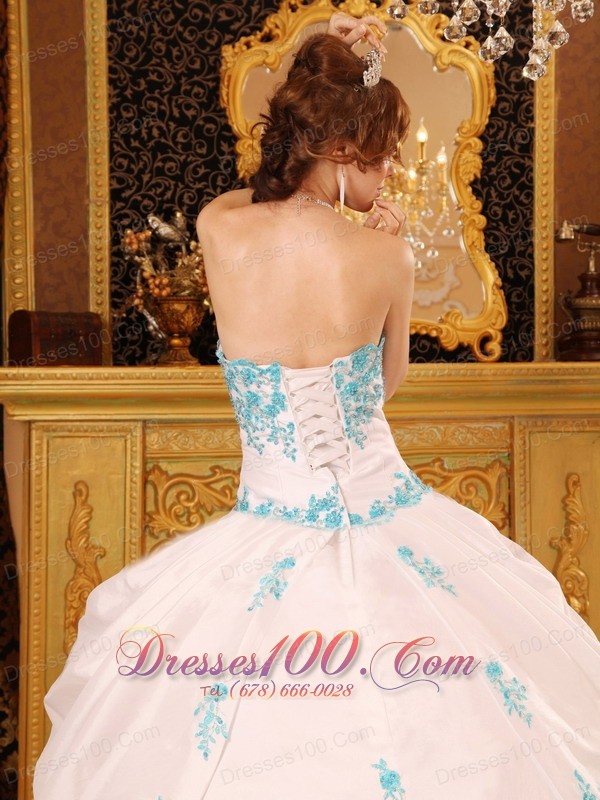 White Sky Blue Strapless Sweet 15 Dress Embroidery