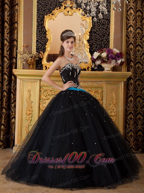 Black Ball Gown Quinceanera Strapless Floor-length Appliques