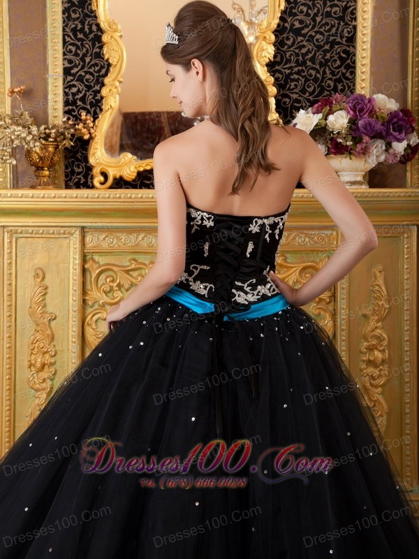 Black Ball Gown Quinceanera Strapless Floor-length Appliques