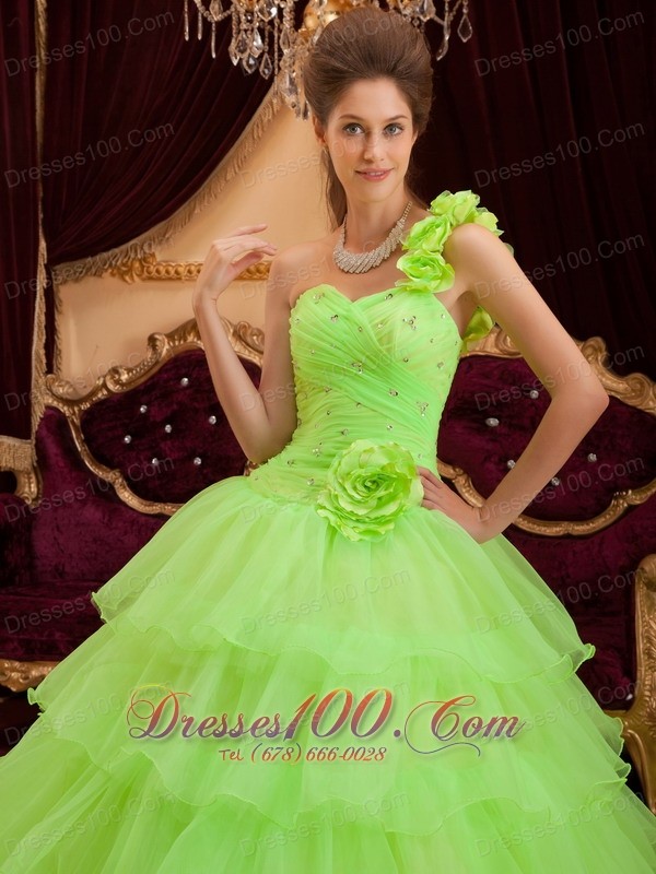 Layer Spring Green Sweet 16 Dress One Shoulder Handmade Flower