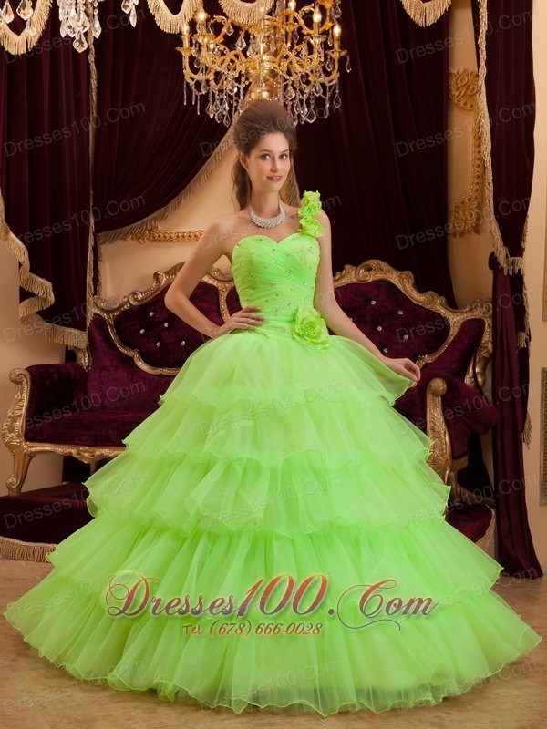 Layer Spring Green Sweet 16 Dress One Shoulder Handmade Flower