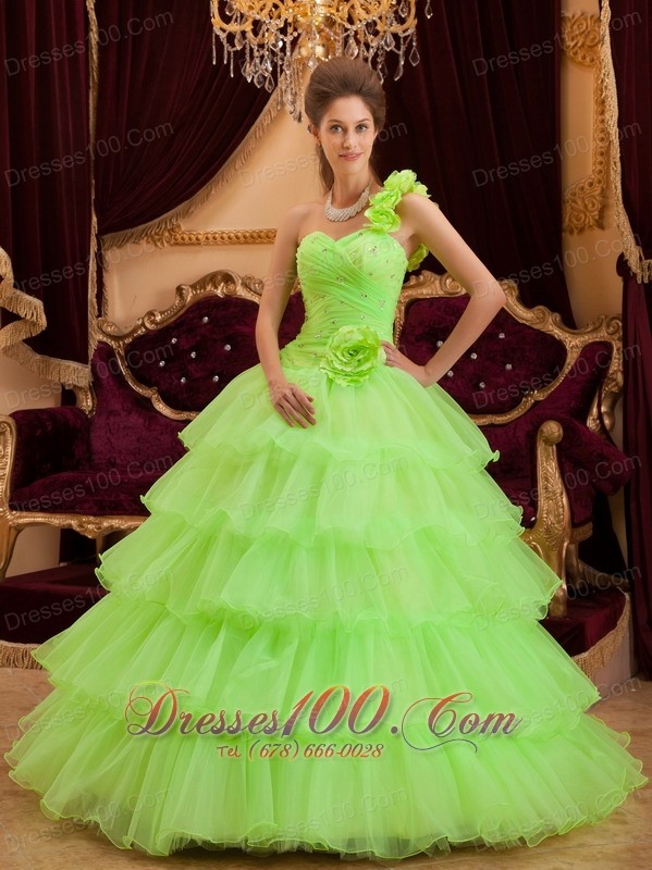 Layer Spring Green Sweet 16 Dress One Shoulder Handmade Flower