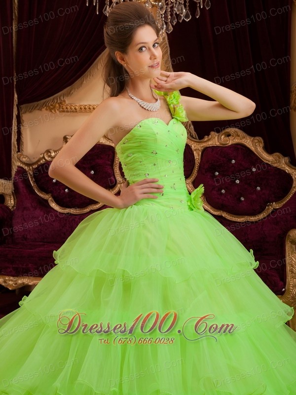 Layer Spring Green Sweet 16 Dress One Shoulder Handmade Flower