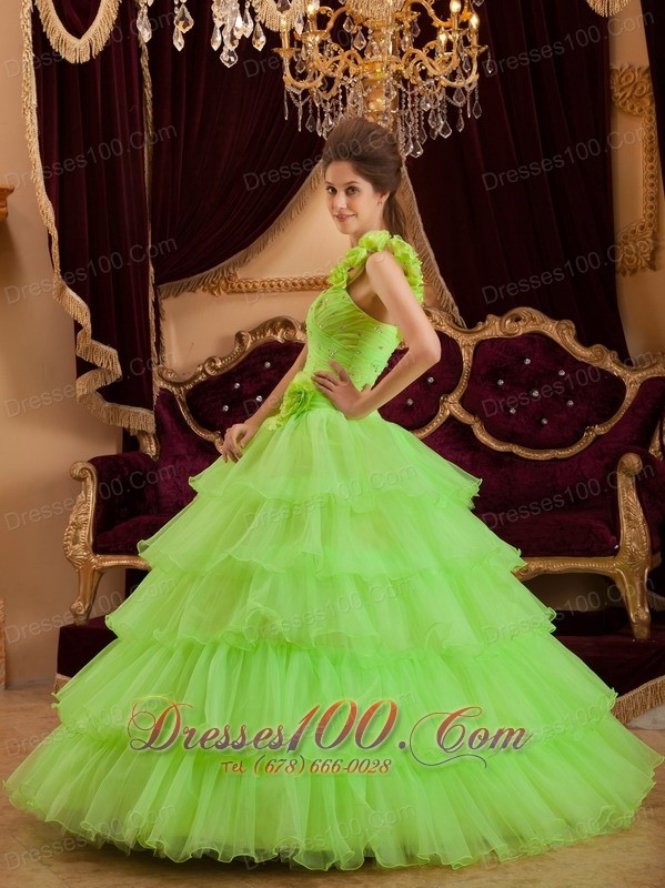 Layer Spring Green Sweet 16 Dress One Shoulder Handmade Flower