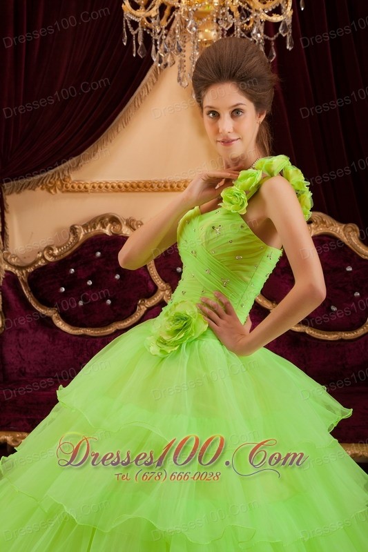 Layer Spring Green Sweet 16 Dress One Shoulder Handmade Flower