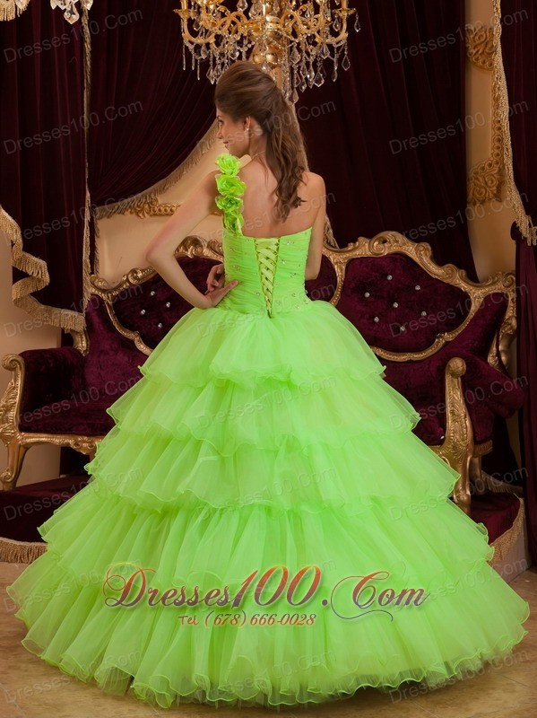 Layer Spring Green Sweet 16 Dress One Shoulder Handmade Flower