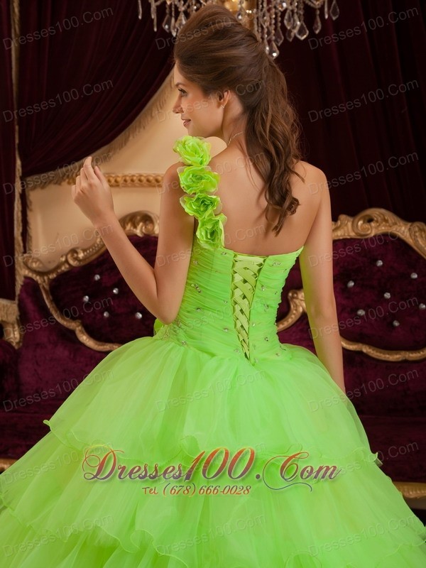 Layer Spring Green Sweet 16 Dress One Shoulder Handmade Flower