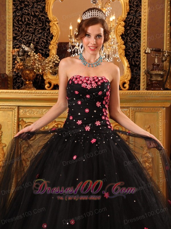 Black Quinceanera Dress Strapless Pink Floral 2012