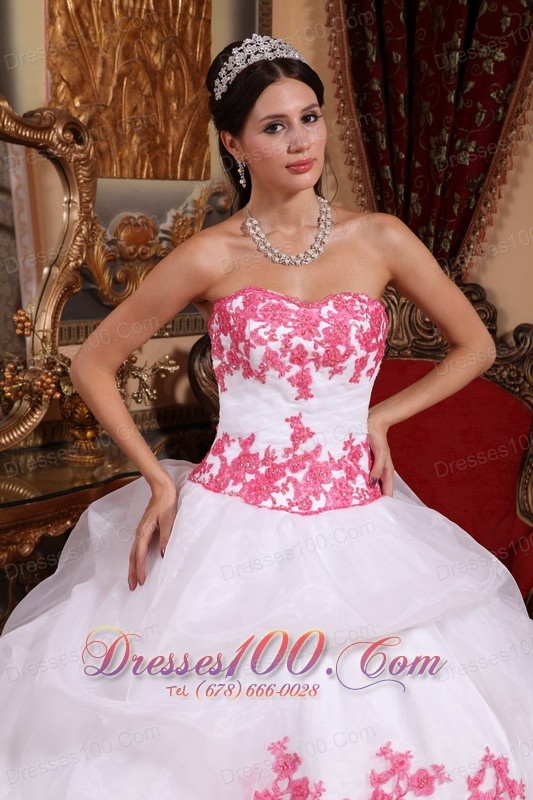 White and Pink Sweet 15 Dress Appliques Sweetheart