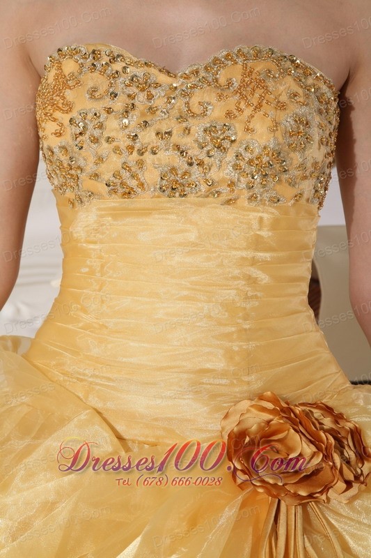 Gold Quinceanera Dress Strapless Appliques Hand Made Flower