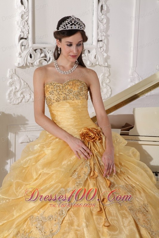 Gold Quinceanera Dress Strapless Appliques Hand Made Flower