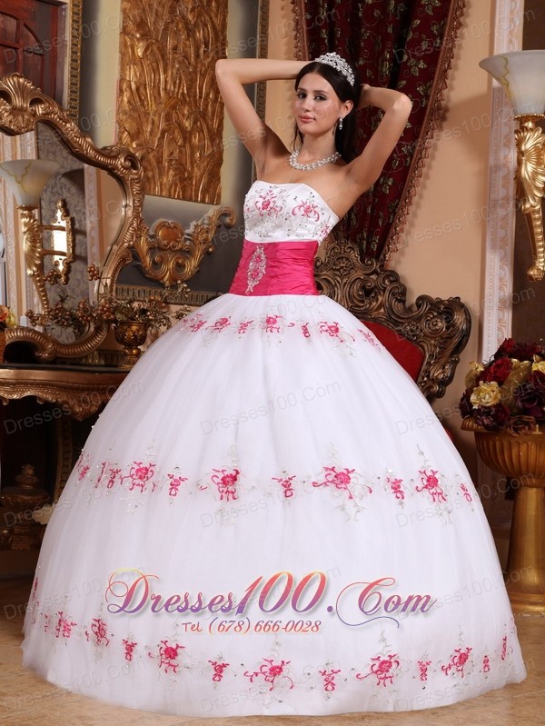 Strapless White and Hot Pink Appliques Sash Beading