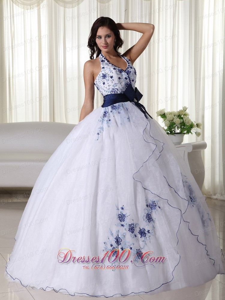 Halter White Quinceanera Dress Hand Made Flower Embroidery
