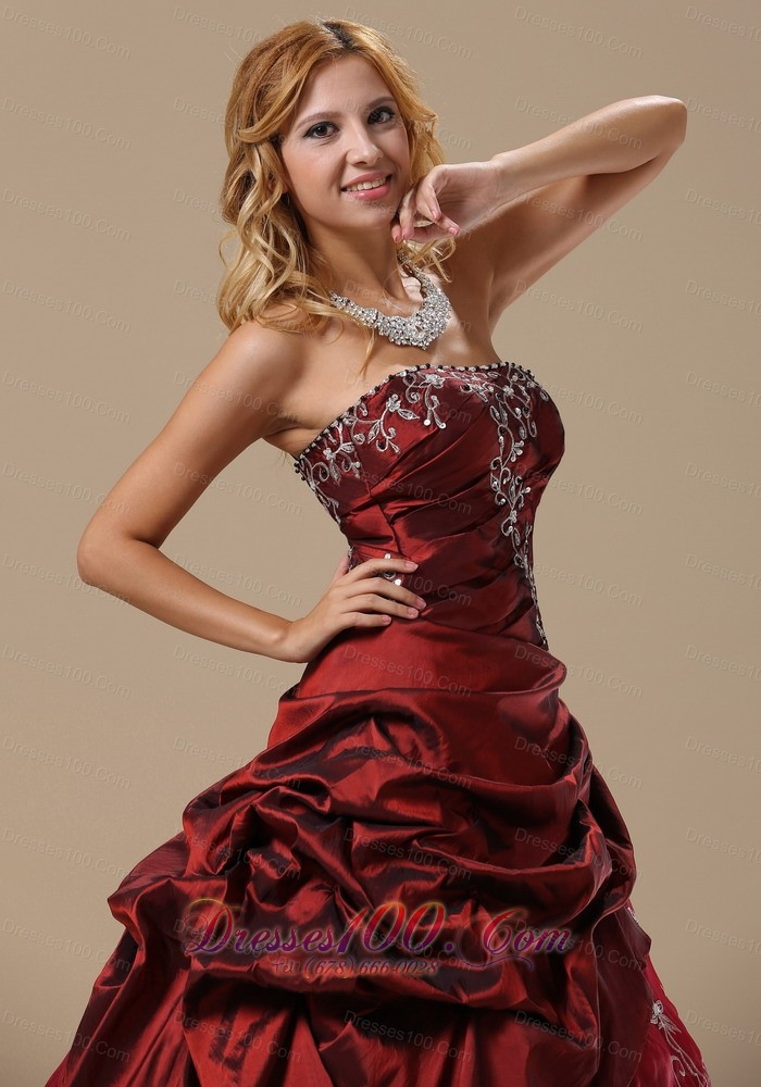 Strapless Embroidery Wine Red Sweet 16 Dress Embroidery