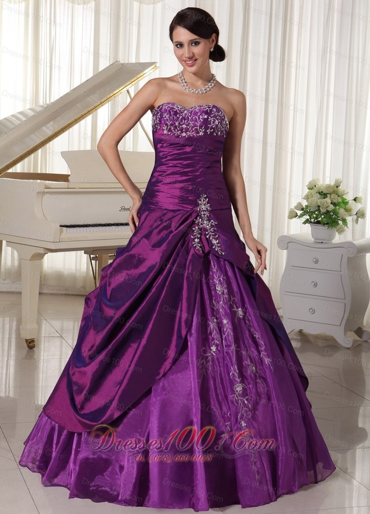 Taffeta Organza Purple Sweetheart Quinceanera Gowns Appliques