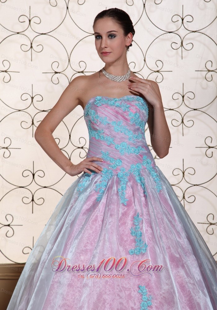 Quinceanera Dress Blue Appliques Organza Strapless