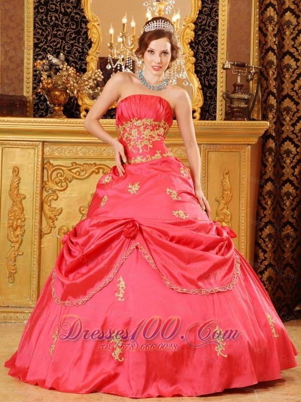 Watermelon Red Quinceanera Dress Strapless Taffeta Beading