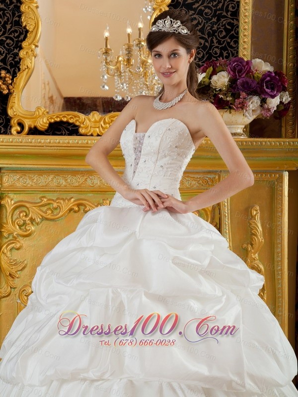 Quinceanera Dress Strapless Taffeta Beading White