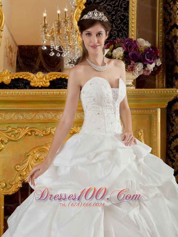 Quinceanera Dress Strapless Taffeta Beading White