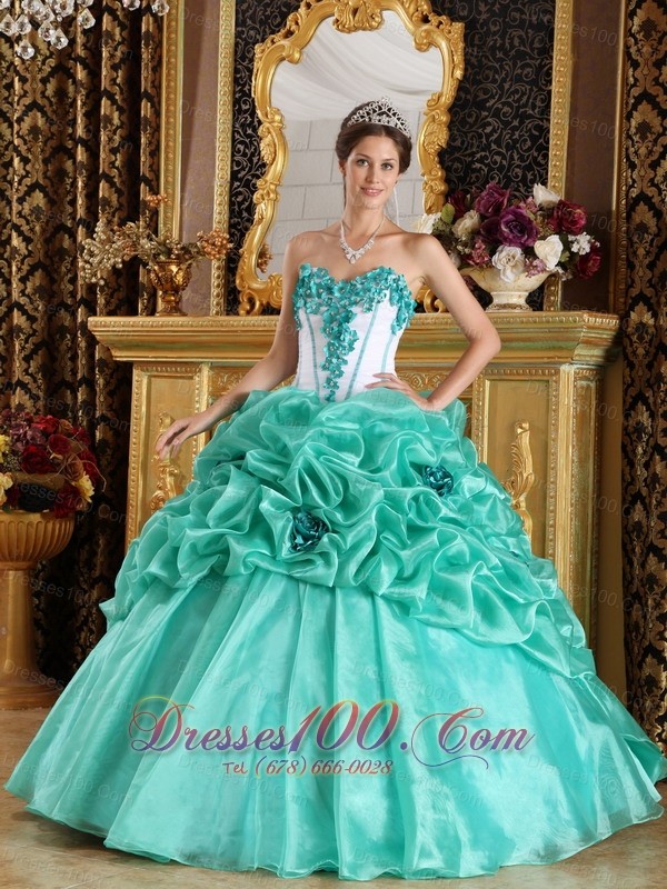 Sweetheart Organza Floral Turquoise Quinceanera Dress
