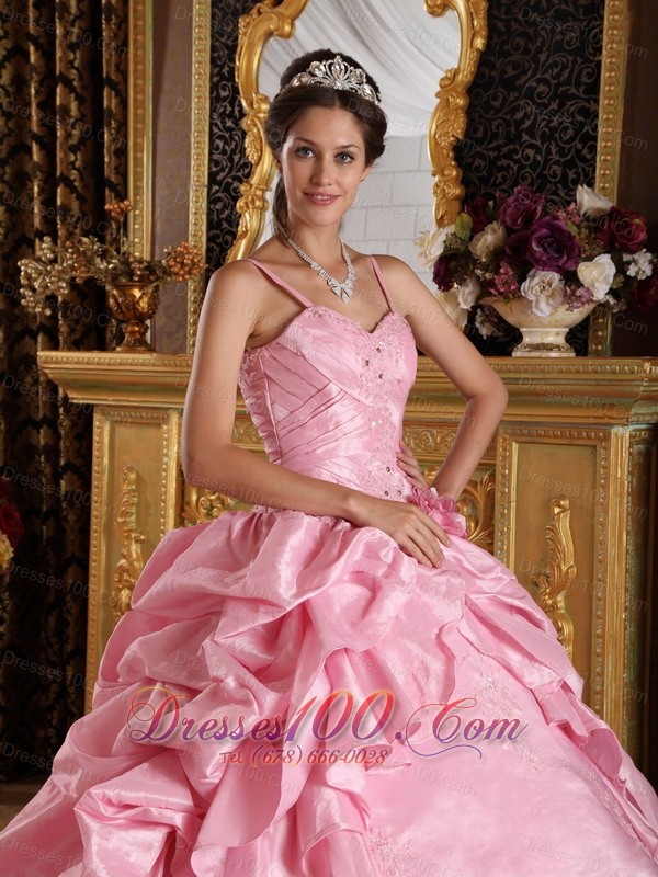 Pink Quinceanera Dress Straps Taffeta Beading Appliques