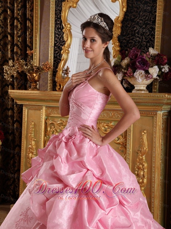Pink Quinceanera Dress Straps Taffeta Beading Appliques