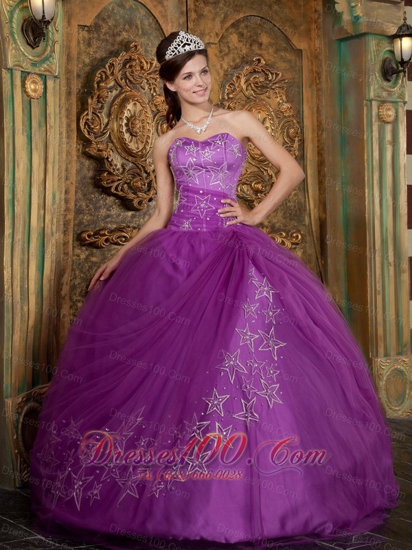 Purple Quinceanera Beaded Dress Sweetheart Appliques Tulle