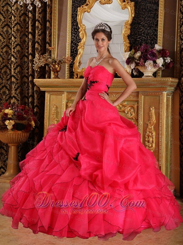 Coral Red Quinceanera Dress Sweetheart Organza Appliques