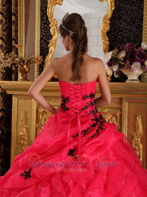 Coral Red Quinceanera Dress Sweetheart Organza Appliques