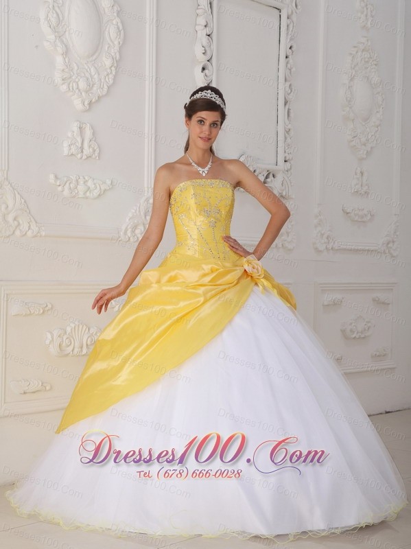 Yellow White Quinceanera Dress Strapless Organza Taffeta
