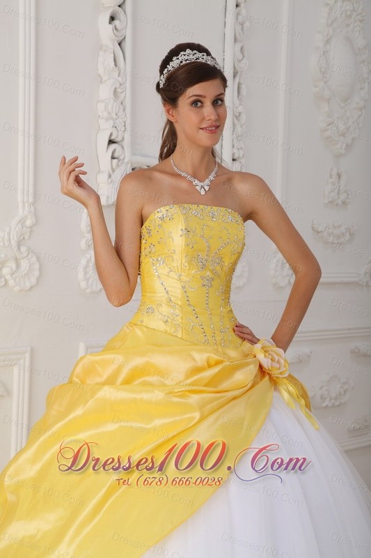 Yellow White Quinceanera Dress Strapless Organza Taffeta