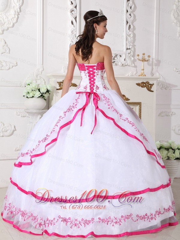 White Strapless Quinceanera Dress Organza Beading Embroidery
