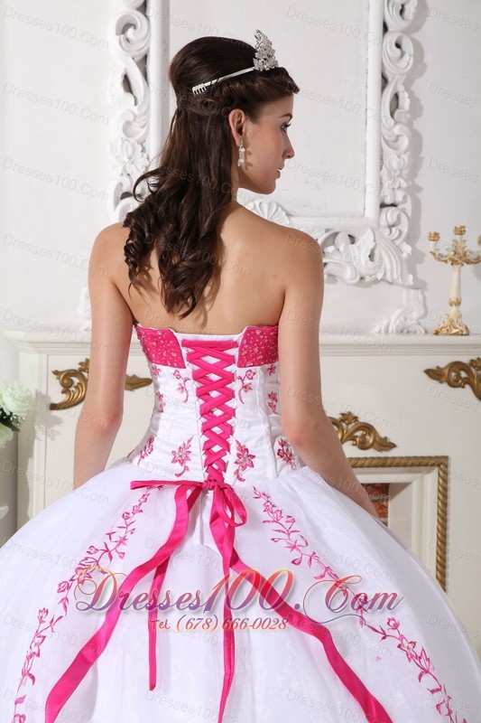 White Strapless Quinceanera Dress Organza Beading Embroidery