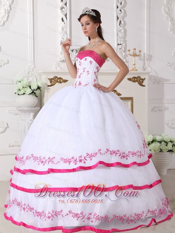 White Strapless Quinceanera Dress Organza Beading Embroidery