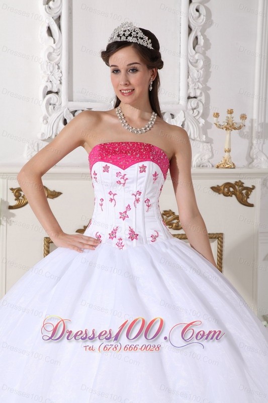 White Strapless Quinceanera Dress Organza Beading Embroidery
