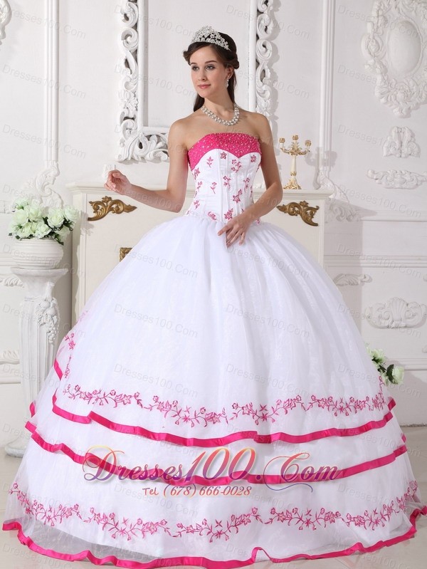 White Strapless Quinceanera Dress Organza Beading Embroidery