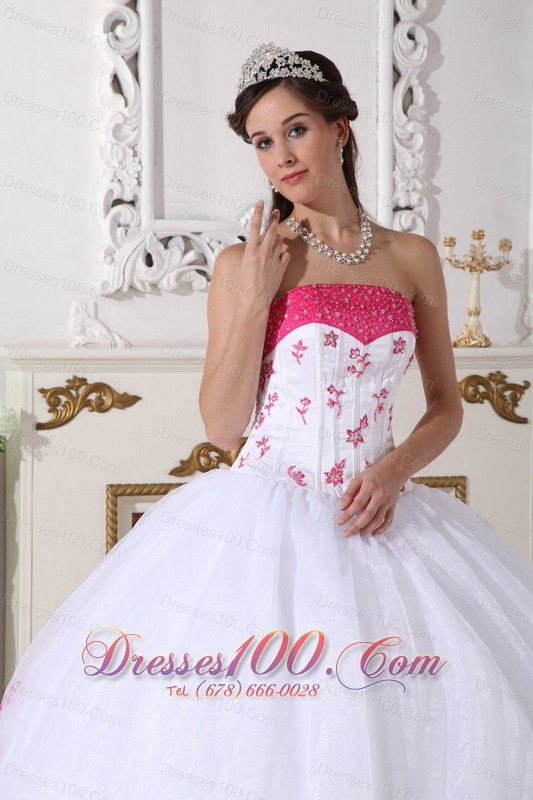 White Strapless Quinceanera Dress Organza Beading Embroidery