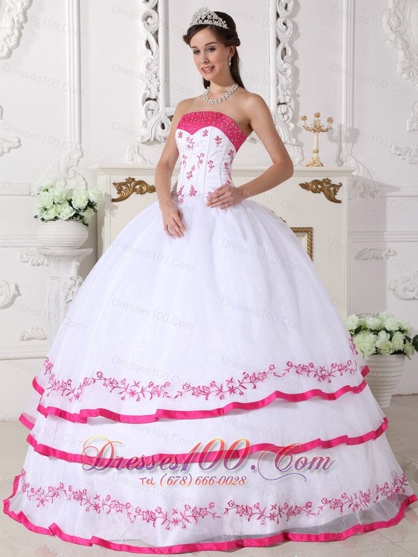White Strapless Quinceanera Dress Organza Beading Embroidery