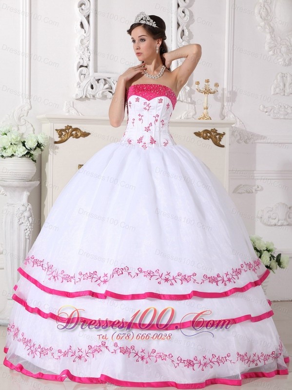 White Strapless Quinceanera Dress Organza Beading Embroidery