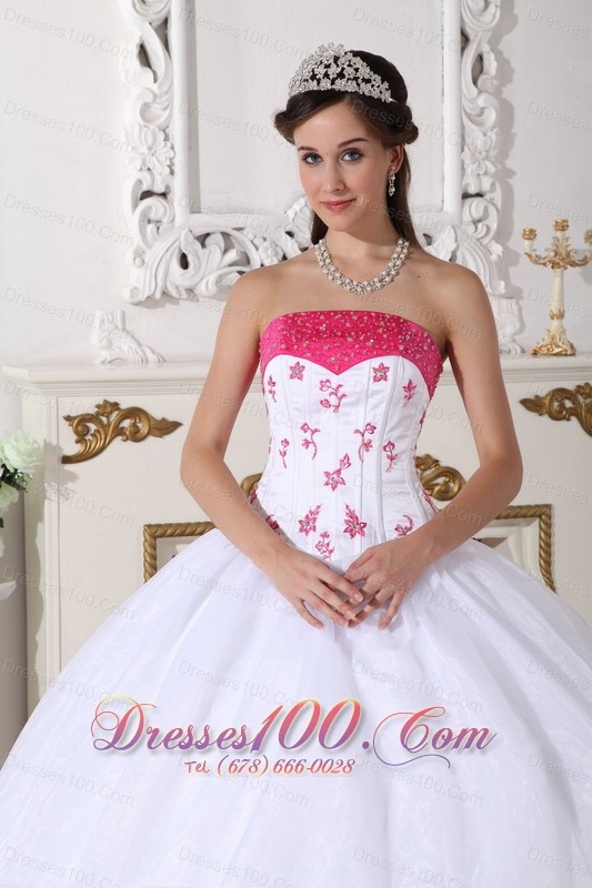 White Strapless Quinceanera Dress Organza Beading Embroidery