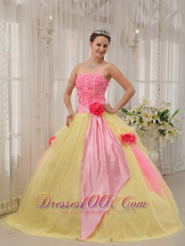 Handmade Flowers Pink and Yellow Tulle Qunceanera Dress