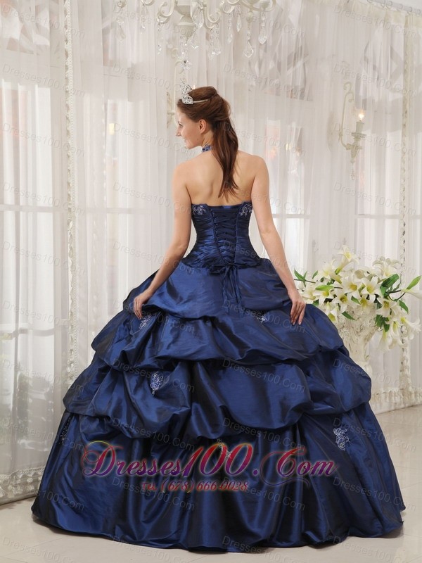 Appliques Decorate Navy Blue Quinceanera Dress Halter Taffeta