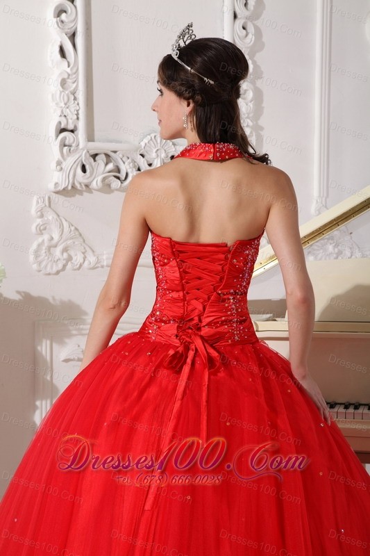 Red Halter Quinceanera Dress Tulle Beading Ball Gown