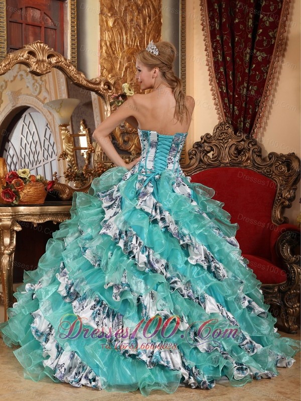 Sweetheart Organza Printing Colorized Quinceanera Dress