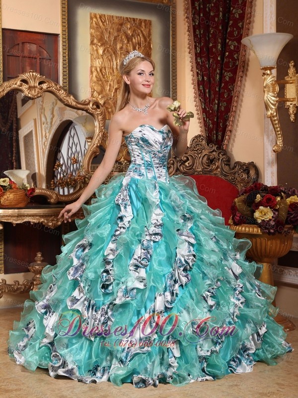 Sweetheart Organza Printing Colorized Quinceanera Dress
