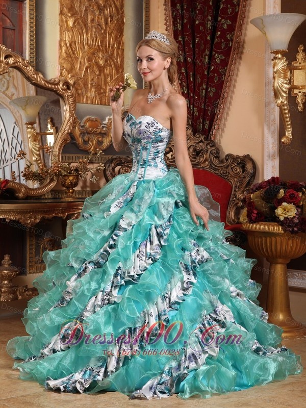 Sweetheart Organza Printing Colorized Quinceanera Dress