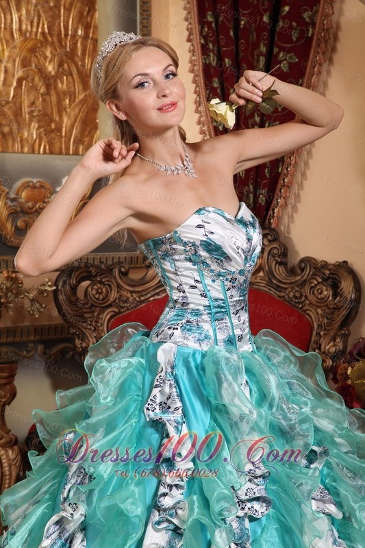 Sweetheart Organza Printing Colorized Quinceanera Dress